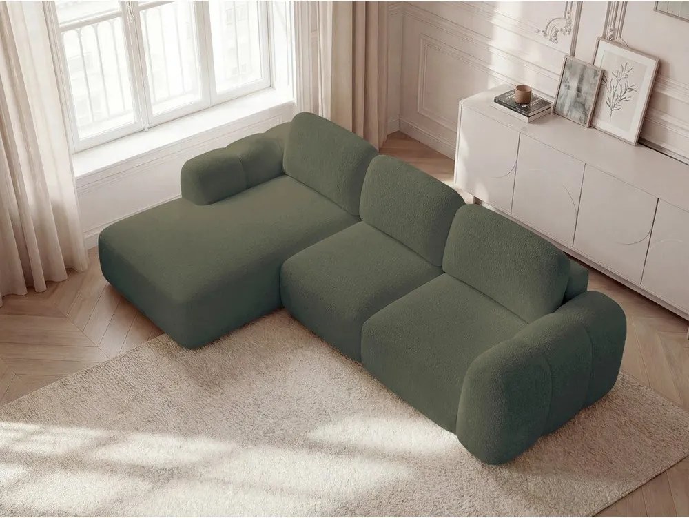 Zielony rozkładany/ze schowkiem narożnik z materiału bouclé (lewostronny/z szezlongiem) Montaigne – Bobochic Paris