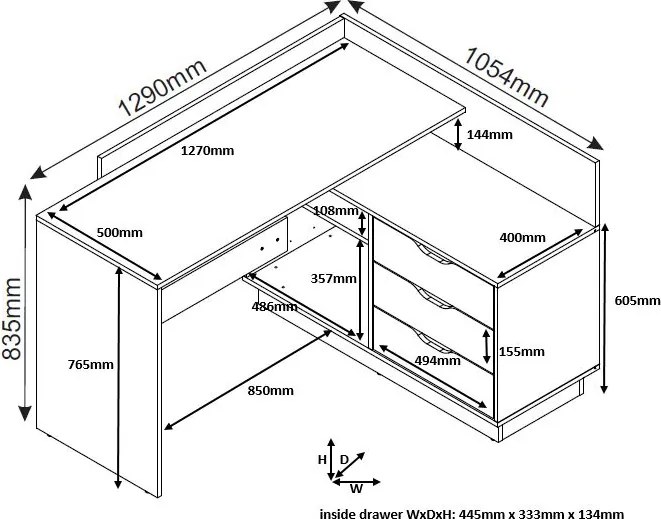 Biurko narożne z kontenerkiem Filo 2, kolor biały mat/dąb artisan, 129 cm