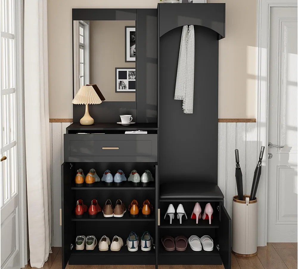 Zestaw na ubrania do przedpokoju 110x33x185,5 cm - 3 drzwi i 1 szuflada - Szafa na buty i ławka butowa - z lustrem - Czarny