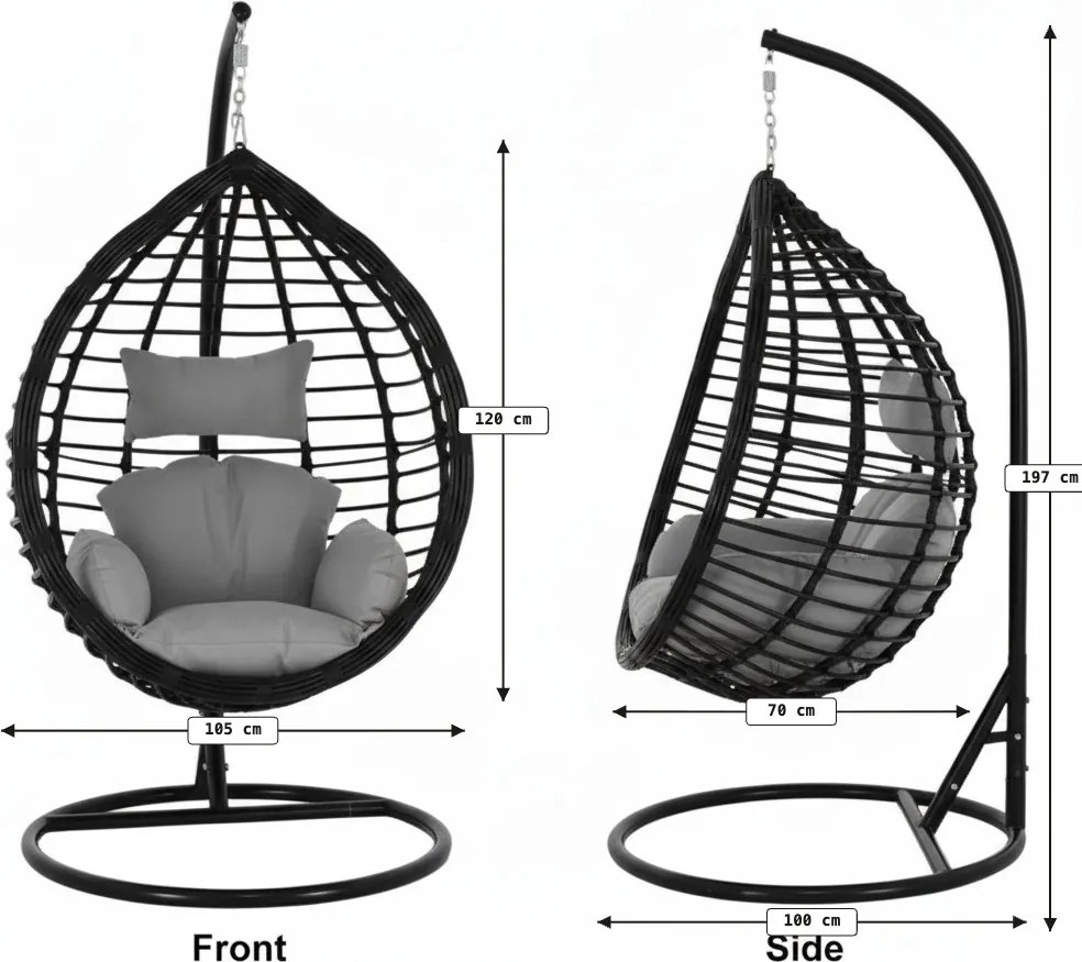 Wiszący fotel TARINO ze stojakiem, czarny/szara poduszka