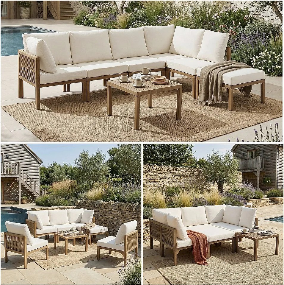 Zestaw mebli ogrodowych modułowych - z sofą narożną + 1 pufą + 1 stolikiem - rozkładany do spania - Poliester - beżowy