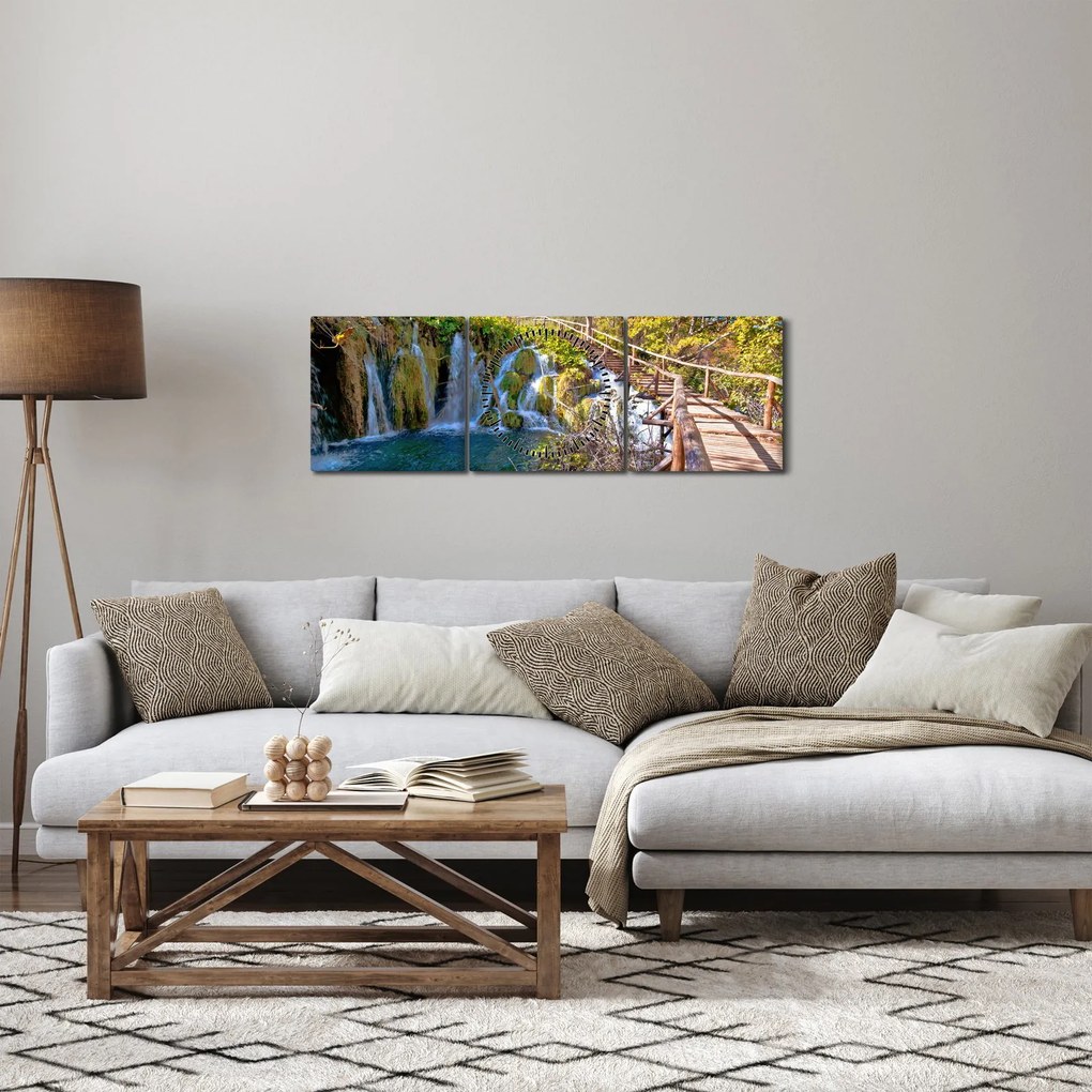 Obraz - Wejście na wodospady (z zegarem) (90x30 cm)