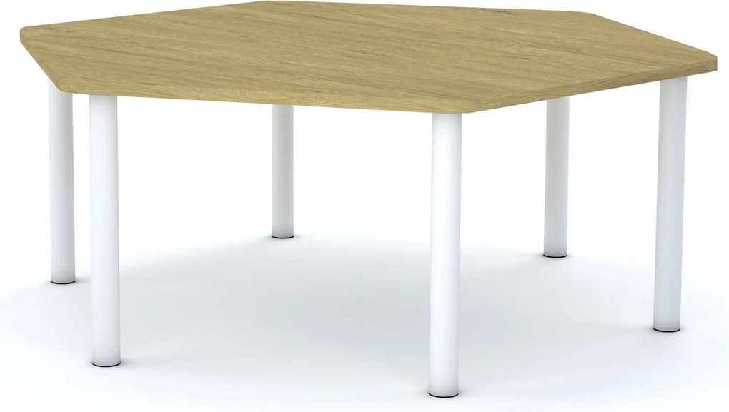 Stół do przedszkola Smart sześciokątny 140x120 cm, rozmiar 0-3, blat dębowy / nogi białe
