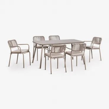 Zestaw Stołu Prostokątnego 160x90 Cm I 6 Sztaplowanych Krzeseł Jadalnianych Z Plecionej Liny Arhiza Moka Brown - Sklum