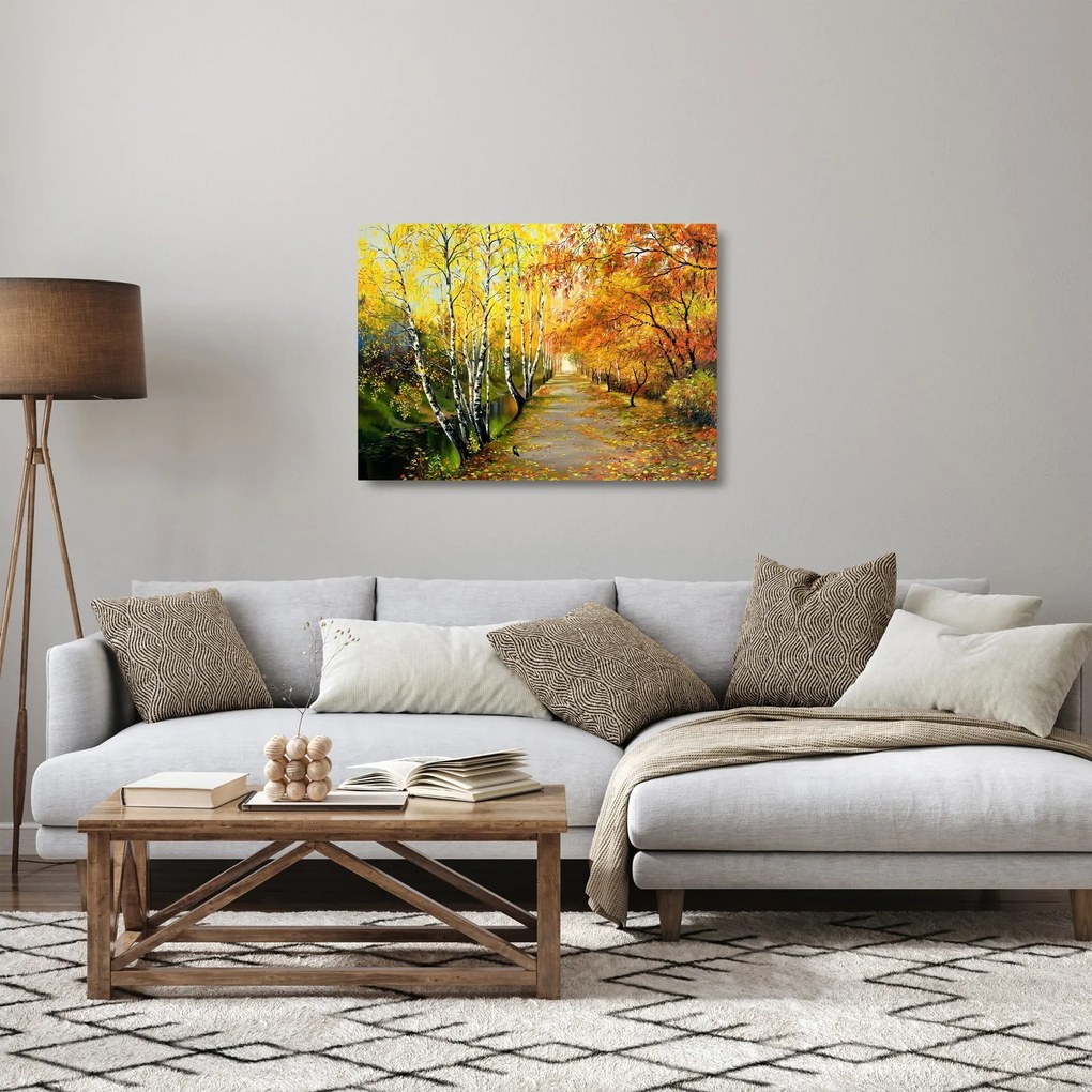 Obraz na szkle - Romantyczna aleja wzdłuż wody, obraz olejny (70x50 cm)