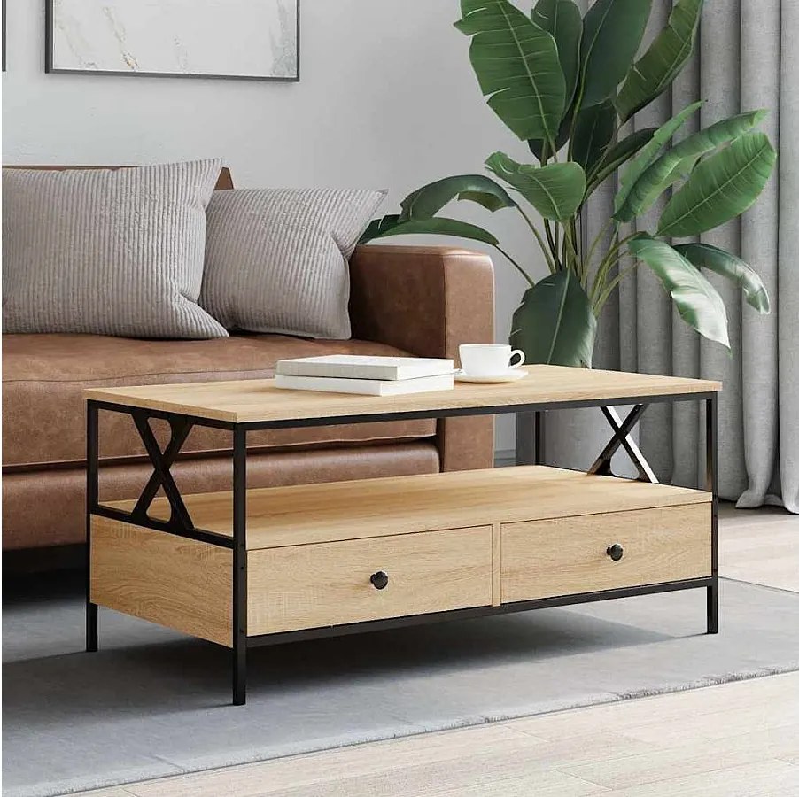 Stolik kawowy dębowy sonoma 100x51x45 cm z przechowalnią z drewna inżynieryjnego