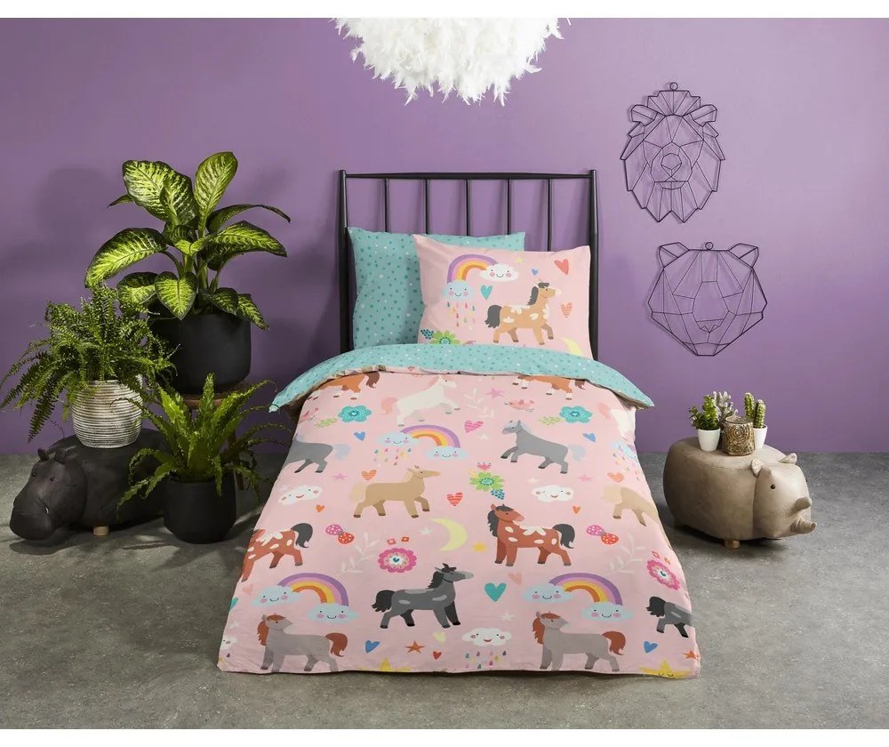 Różowo-turkusowa bawełniana pościel dziecięca jednoosobowa 140x220 cm Horses – Good Morning