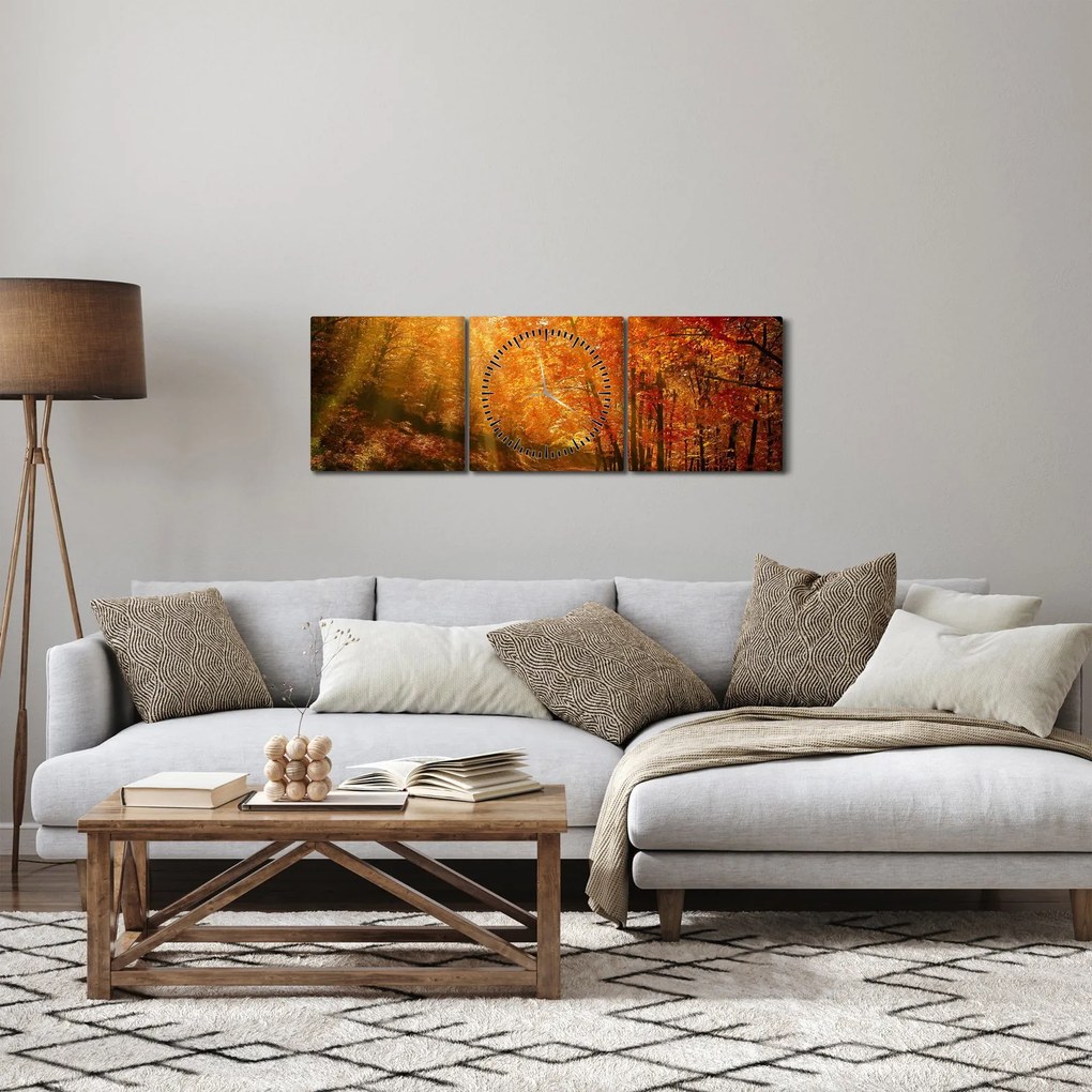 Obraz jesiennego lasu (z zegarem) (90x30 cm)