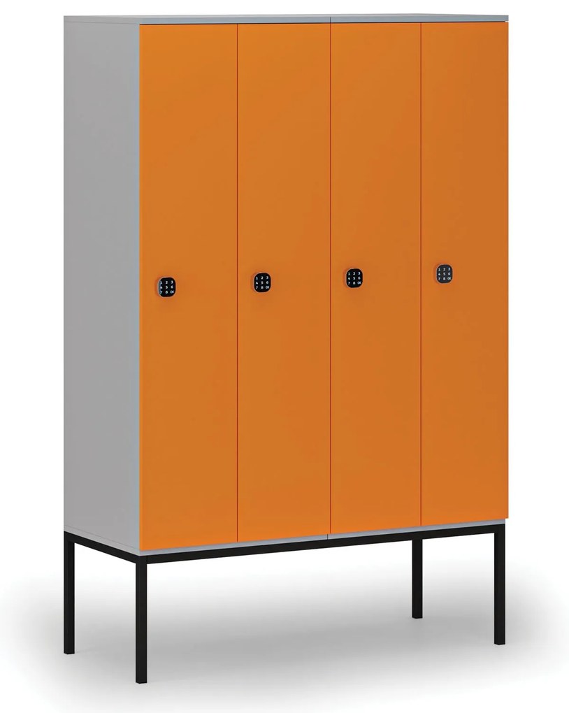 Drewniana szafa ubraniowa S4 z podstawą, 4-drzwiowa, 1871 x 1200 x 500 mm, demontaż, zamek kodowy, szary/pomarańczowy