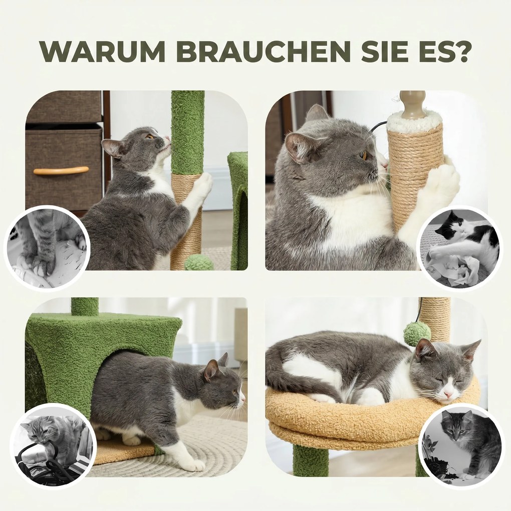 PawHut Drapak 98 cm wysoki drzewko dla kota z kryjówką, legowisko dla kota Wzór z liśćmi, słupki z juty, 2 piłeczki dla kotów do 5 kg | Aosom PL
