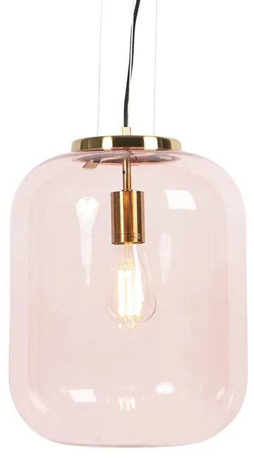 Lampa wisząca w stylu art deco mosiądz z różowym szkłem - Bliss ArtDeco Oswietlenie wewnetrzne