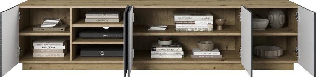 Szafka RTV Asha 200 cm pięciodrzwiowa z ryflowanym frontem - artisan / rivier stone mat