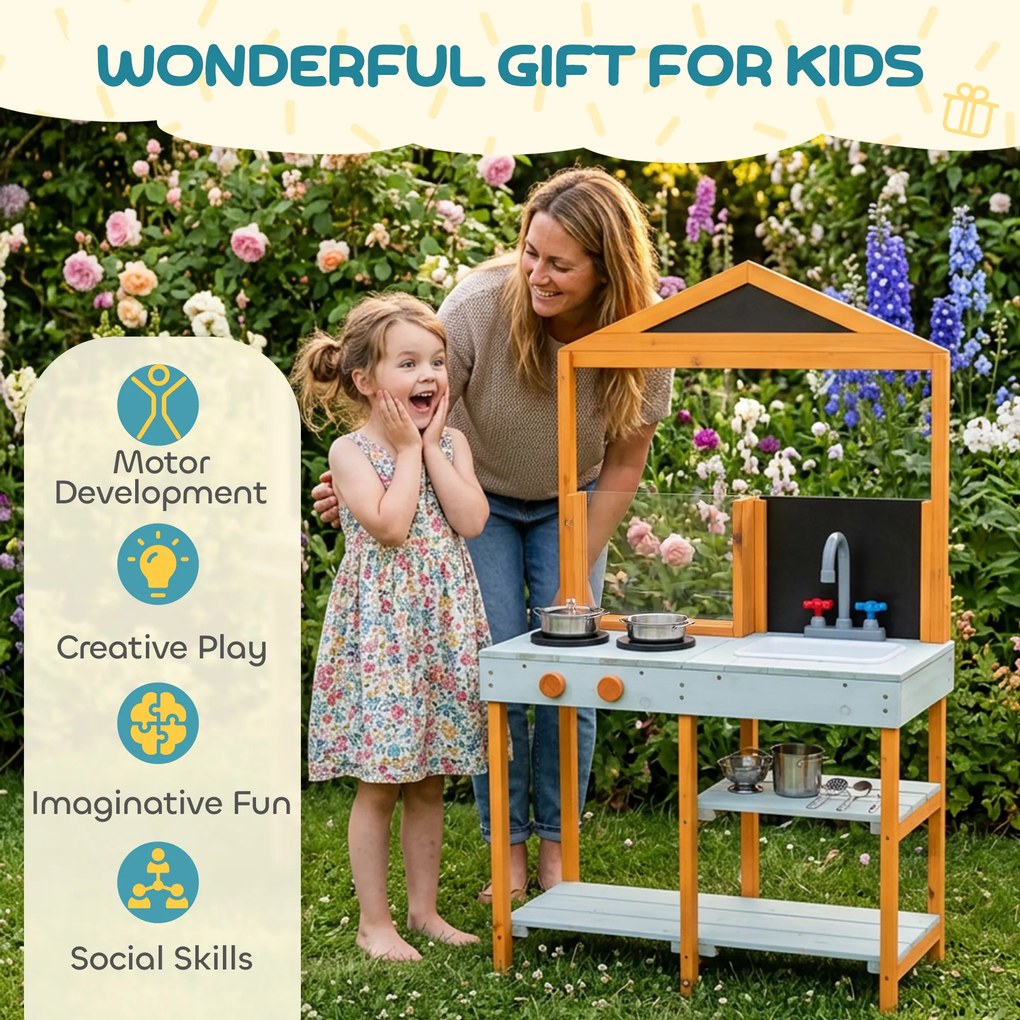 AIYAPLAY Kuchnia do zabawy w błocie dla dzieci, ogrodowa drewniana kuchnia z płytą grzewczą, wyjmowanym zlewem i półkami, dla dzieci 3–8 lat, jasnoniebieska | Aosom PL