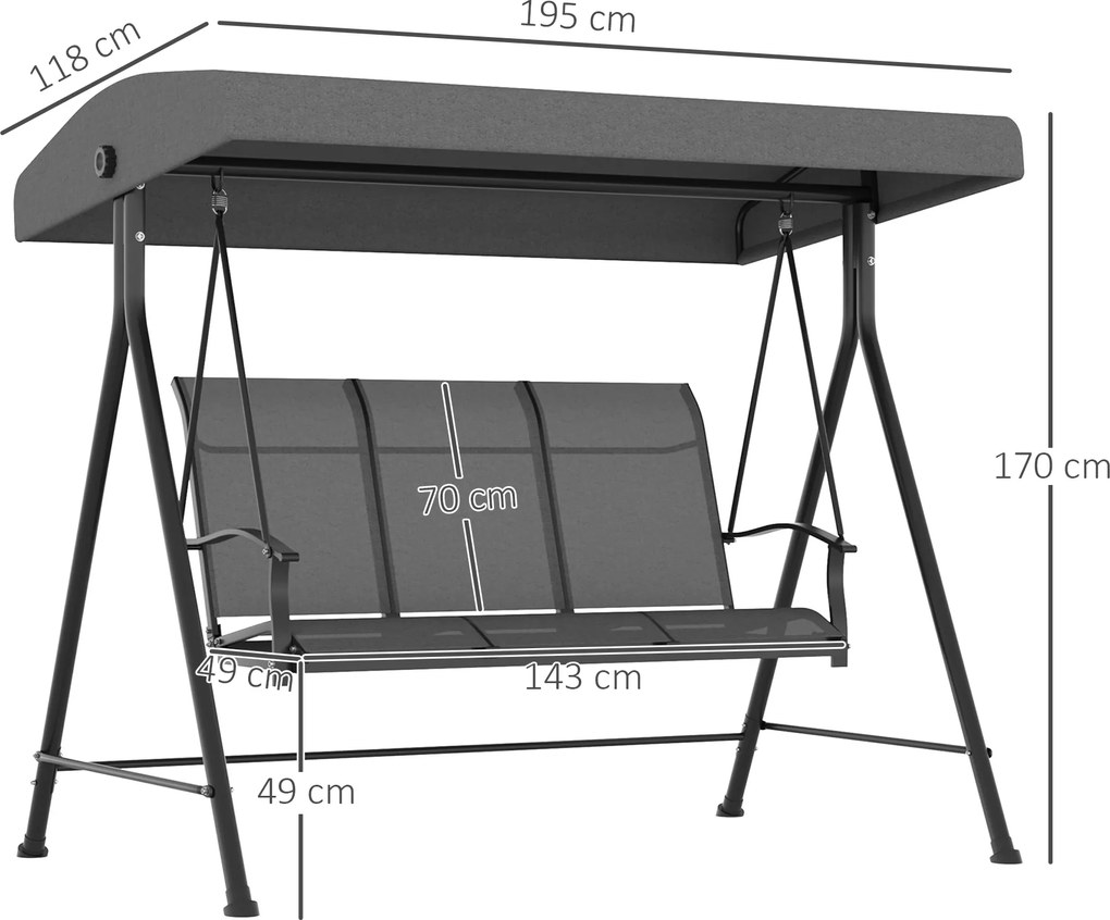 Outsunny Huśtawka Ogrodowa 3-osobowa z Regulowanym Dachem Szara | Aosom PL
