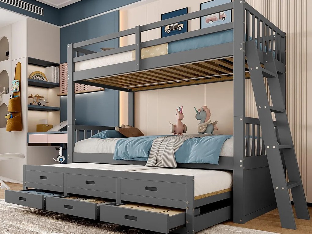 Łóżko piętrowe 90x200cm - z łóżkiem wysuwanym i 3 szufladami - z litego drewna sosnowego i MDF - Szary