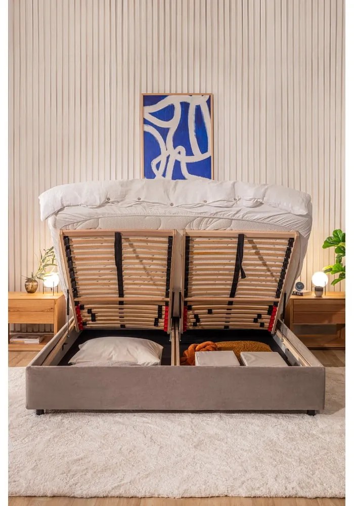 Beżowe tapicerowane łóżko dwuosobowe ze schowkiem z materacem i stelażem 180x200 cm Myra Pillow – Bonami Selection