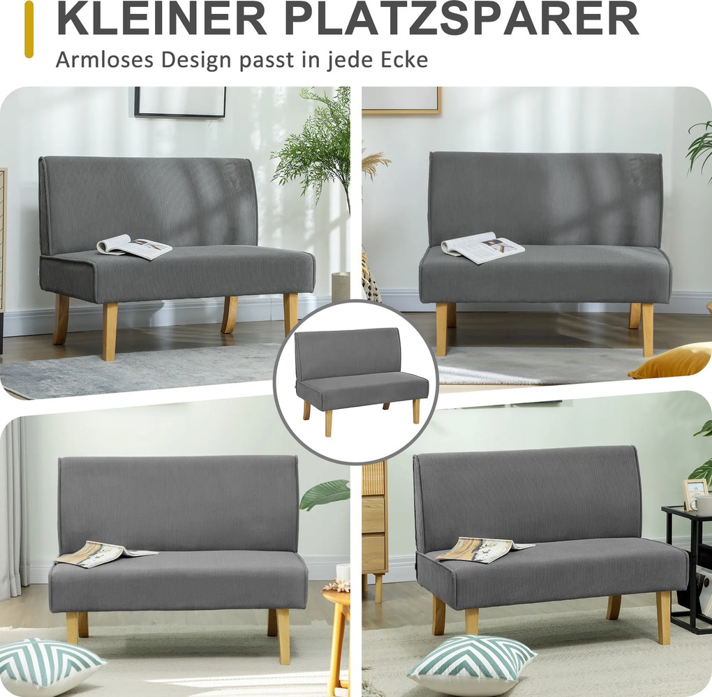 HOMCOM Dwuosobowa Sofa z Obiciem Kordowym, Gruba Tapicerka i Solidne Drewniane Nogi do Salonu, Sypialni, Biura, Szary