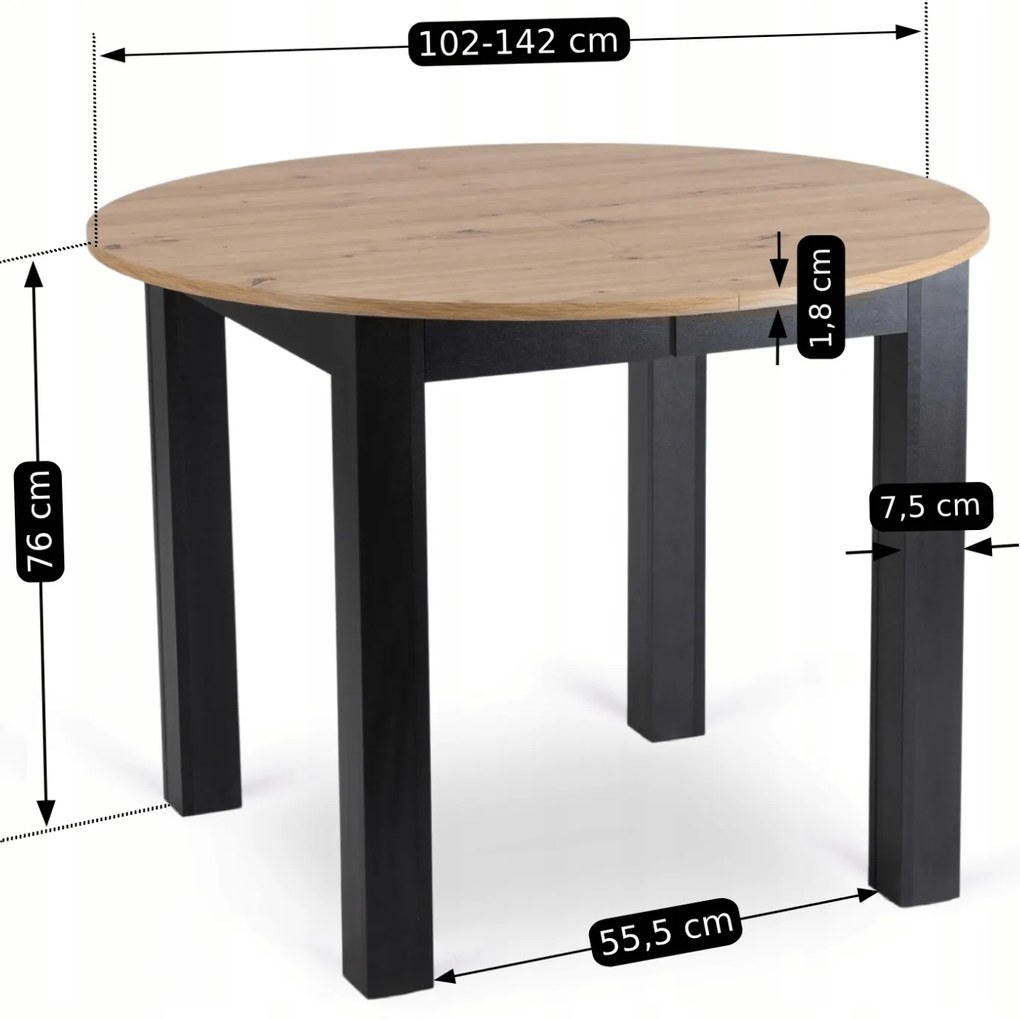 Stół Okrągły Rozkładany HARRY 102-142 cm Dąb Artisan/Czarny Nowoczesny
