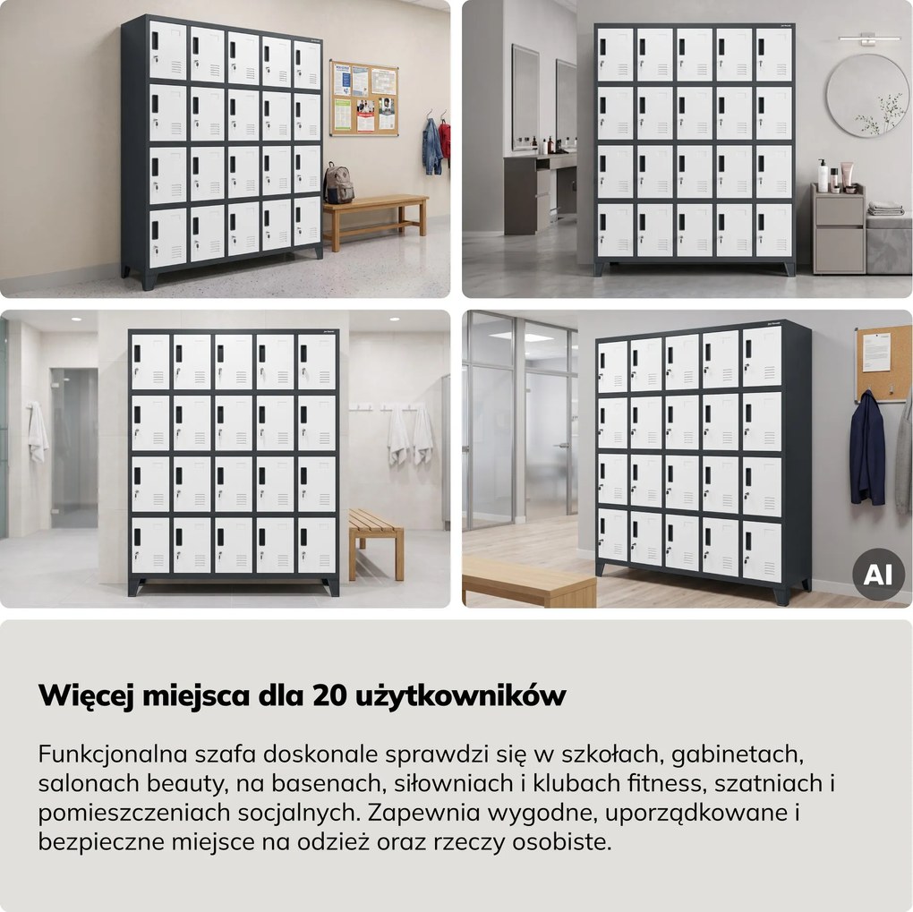 Szafa skrytkowa socjalna 20-skrytkowa na nóżkach antracytowo-biała, 1360x1720x450 mm: ROBERT