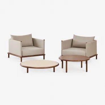 Zestaw Do Salonu Z 2 Fotelami I 2 Okrągłymi Stolikami Kawowymi Z Drewna Akacjowego Olivia Kremowa Semoline - Ciemny Akacjowy Brąz - Sklum