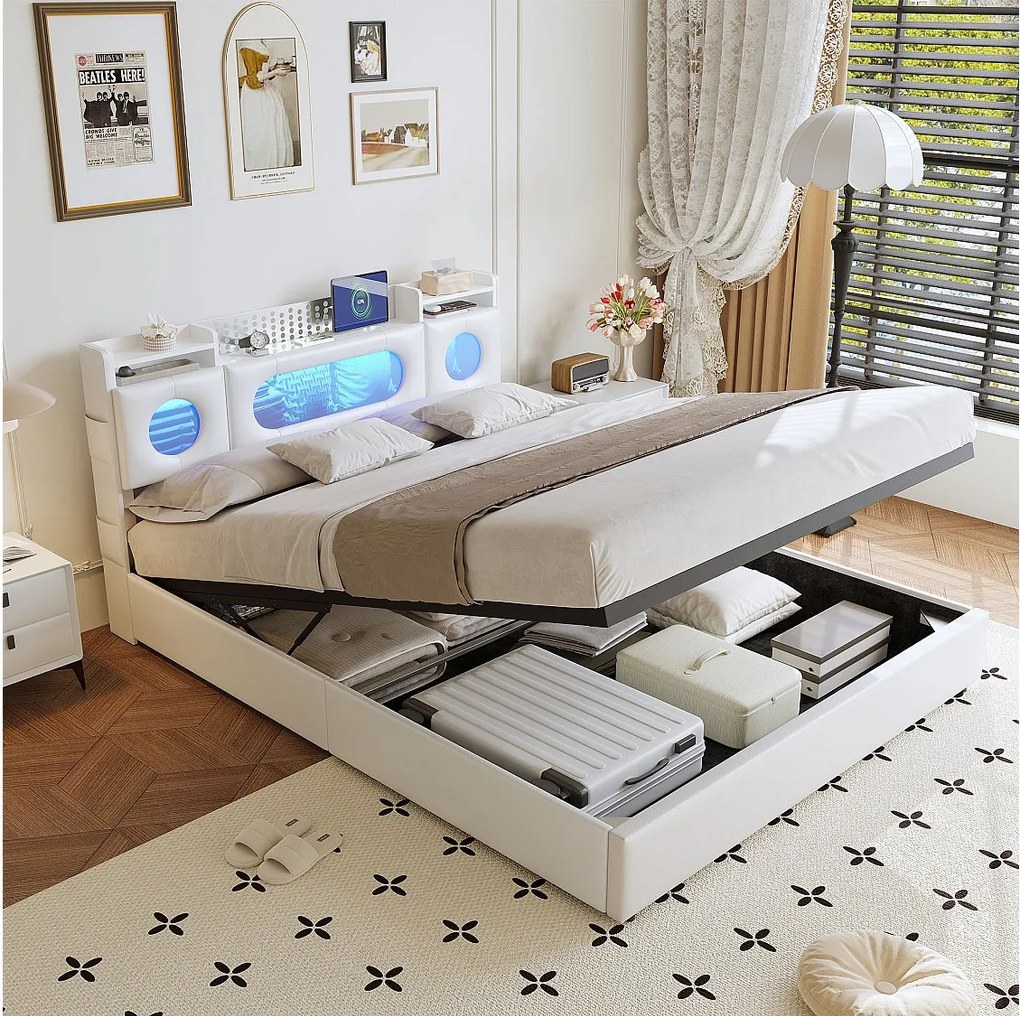 Łóżko 160x200 cm ze schowkiem na sprężyny gazowe, portami USB/typu C, oświetleniem LED i tkaniną lnianą – praktyczne i nowoczesne, białe
