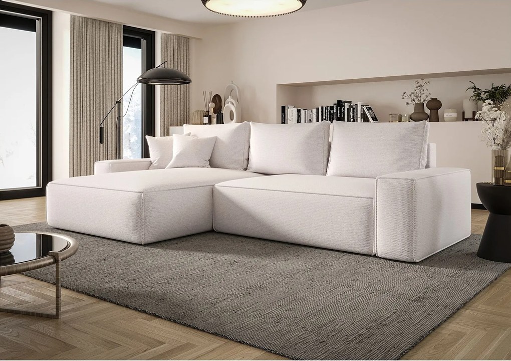 Narożnik MONA z funkcją spania ARAGON 01 biały lewy sofa w kształcie litery L z pojemnikiem na pościel sofa do salonu kanapa sofa rozkładana kanapa z pojemnikiem