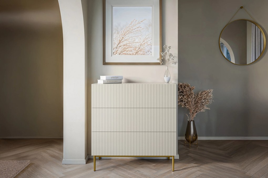 Komoda Nicole 100 cm z trzema szufladami i metalowymi nogami - kaszmir / złote nóżki