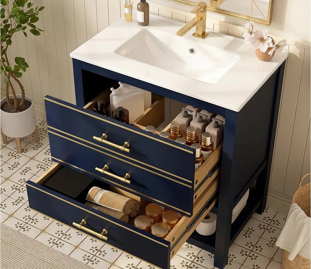 Mebel łazienkowy - z ceramiczna umywalką - z 2 szufladami i 1 otwartą przegródką - niebieski​ (bateria nie jest wliczona w cenę)