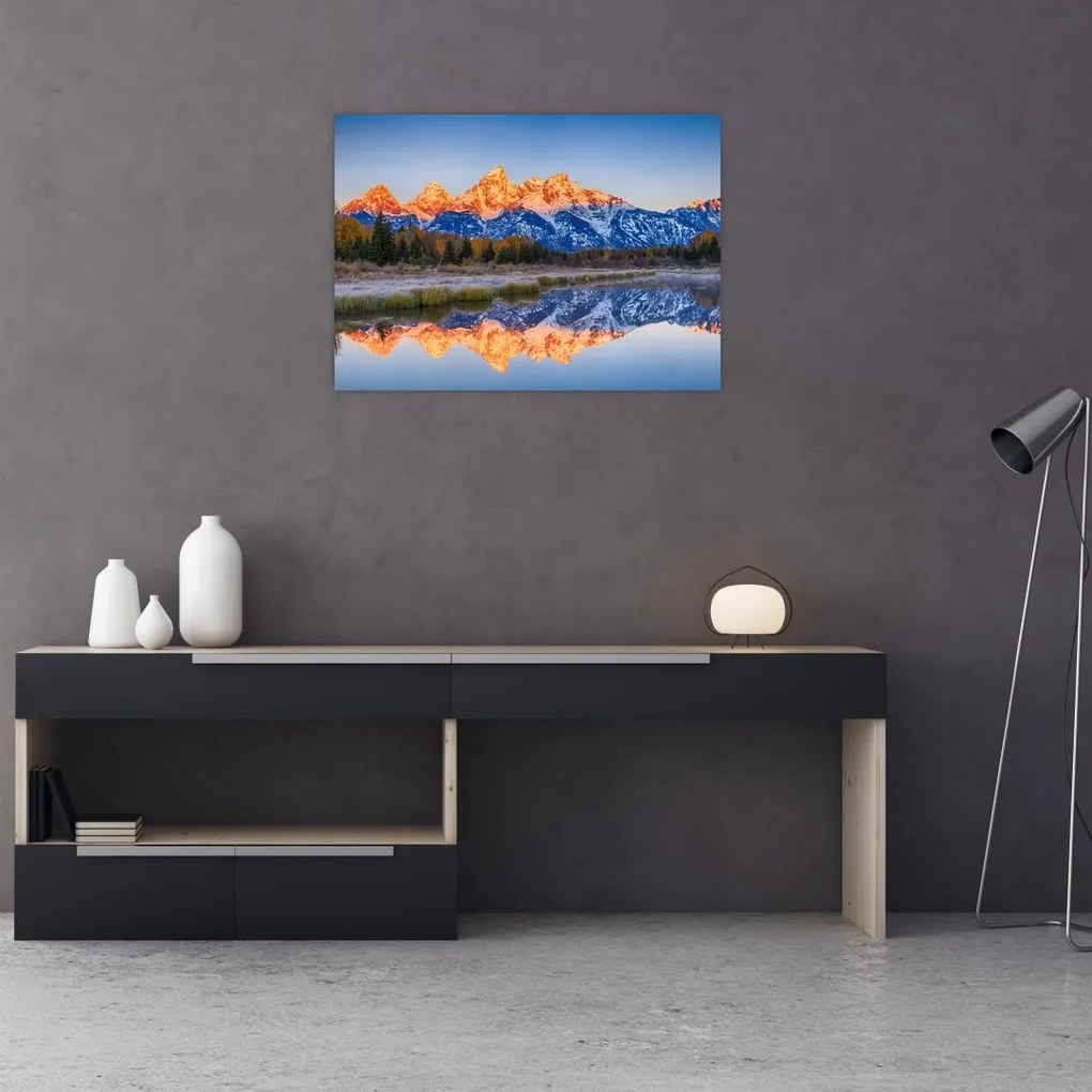 Obraz na szkle ośnieżonych szczytów górskich (70x50 cm)
