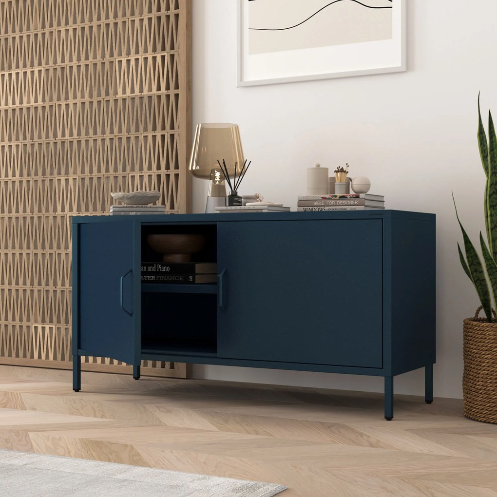 Szafka RTV metalowa na nóżkach granatowa, 1150x595x400 mm: ROSA Modern
