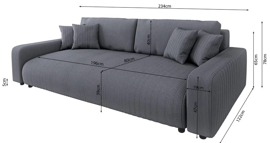 Ciemnoszara sztruksowa rozkładana sofa ze schowkiem 234 cm Sara – Ropez