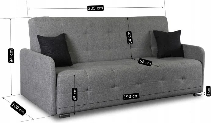 Sofa z Funkcją Spania ARIA Wersalka Rozkładana Dwuosobowa Szara Nowoczesna do Salonu
