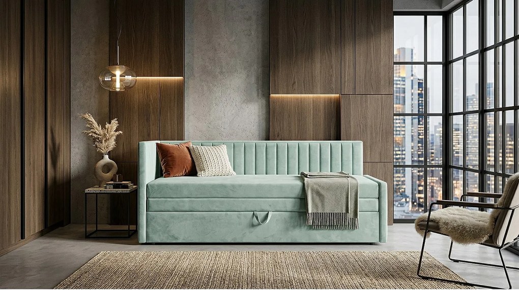 Łóżko dzienne wysuwane 2x90x200cm w tkaninie MANILA 11 jasnoniebieskiej