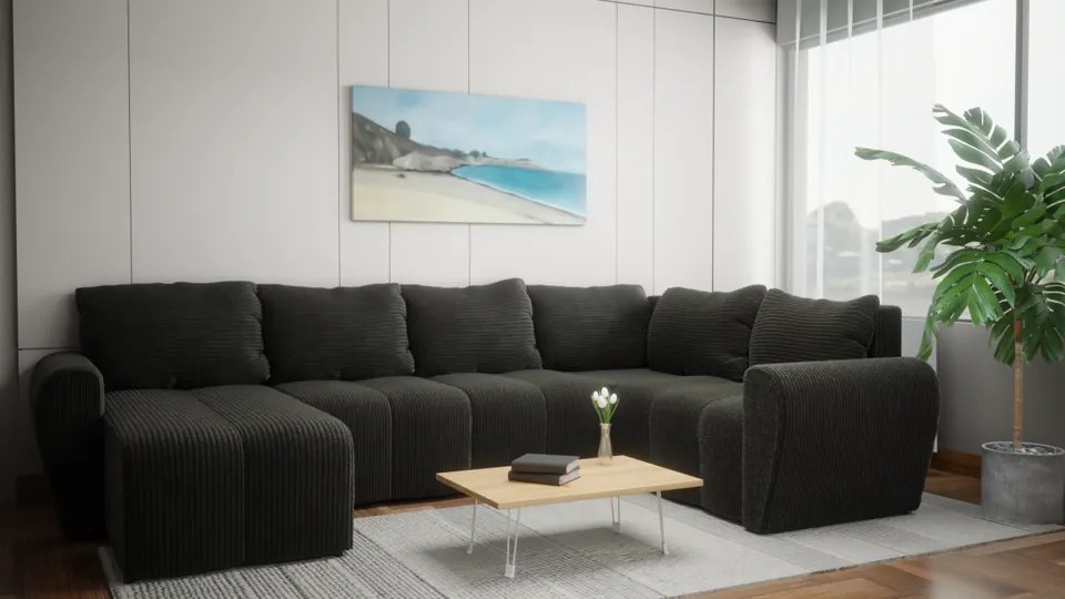 Narożnik wolnostojący wyposażony w praktyczny pojemnik Bueno XL - szara sztruksowa tkanina, prawy