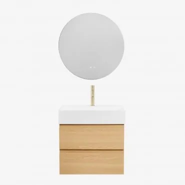 Zestaw Wiszących Mebli Łazienkowych Z Drewna I Forniru Jesionowego Zintegrowany Z Umywalką Ona Naturalna & Okrągła - Sklum