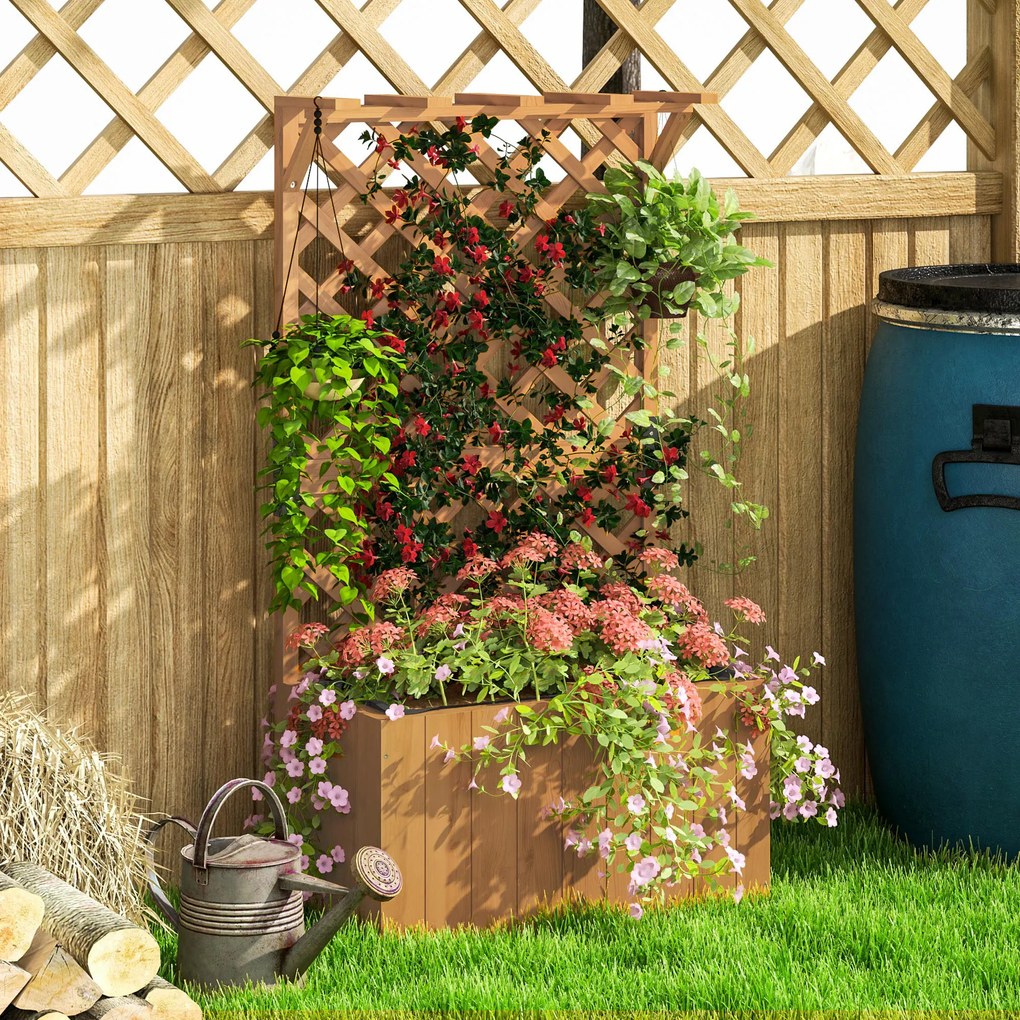 Outsunny Wysoki grządek z trejażem, skrzynia na kwiaty z drewna świerkowego 64 x 33 x 122 cm, kolor naturalny