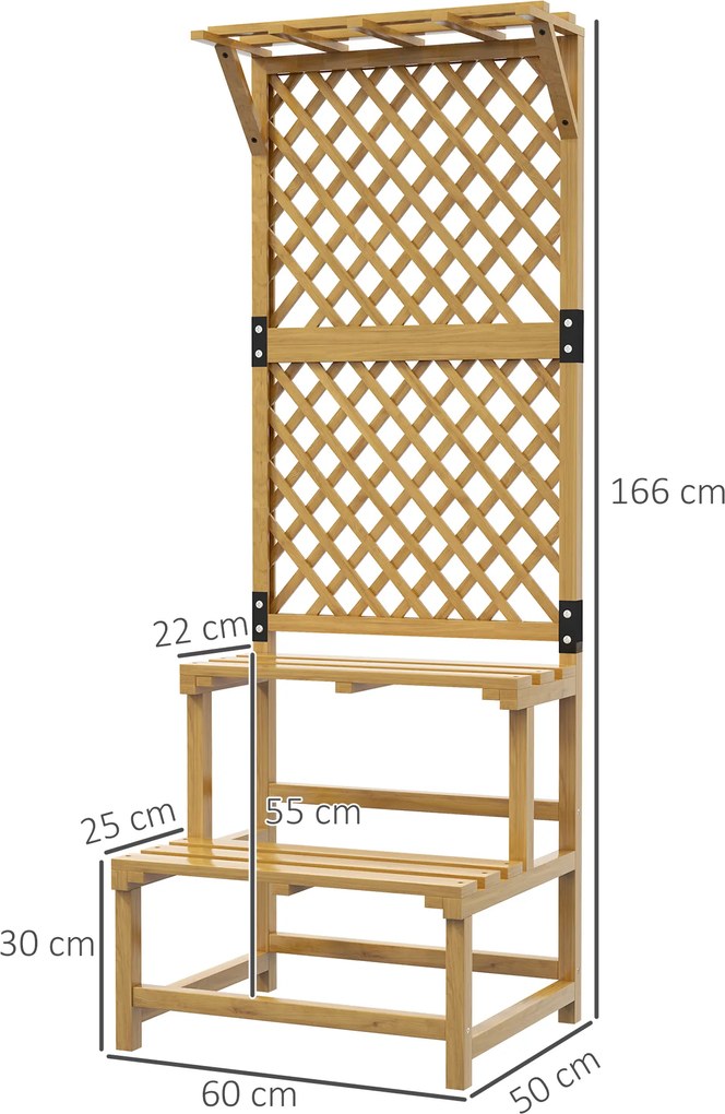 Outsunny Stojak na Rośliny, Regał na Kwiaty, 2 Poziomy, z Spalierem i Daszkiem, Drewno Jodłowe, 60x50x166cm, Żółty