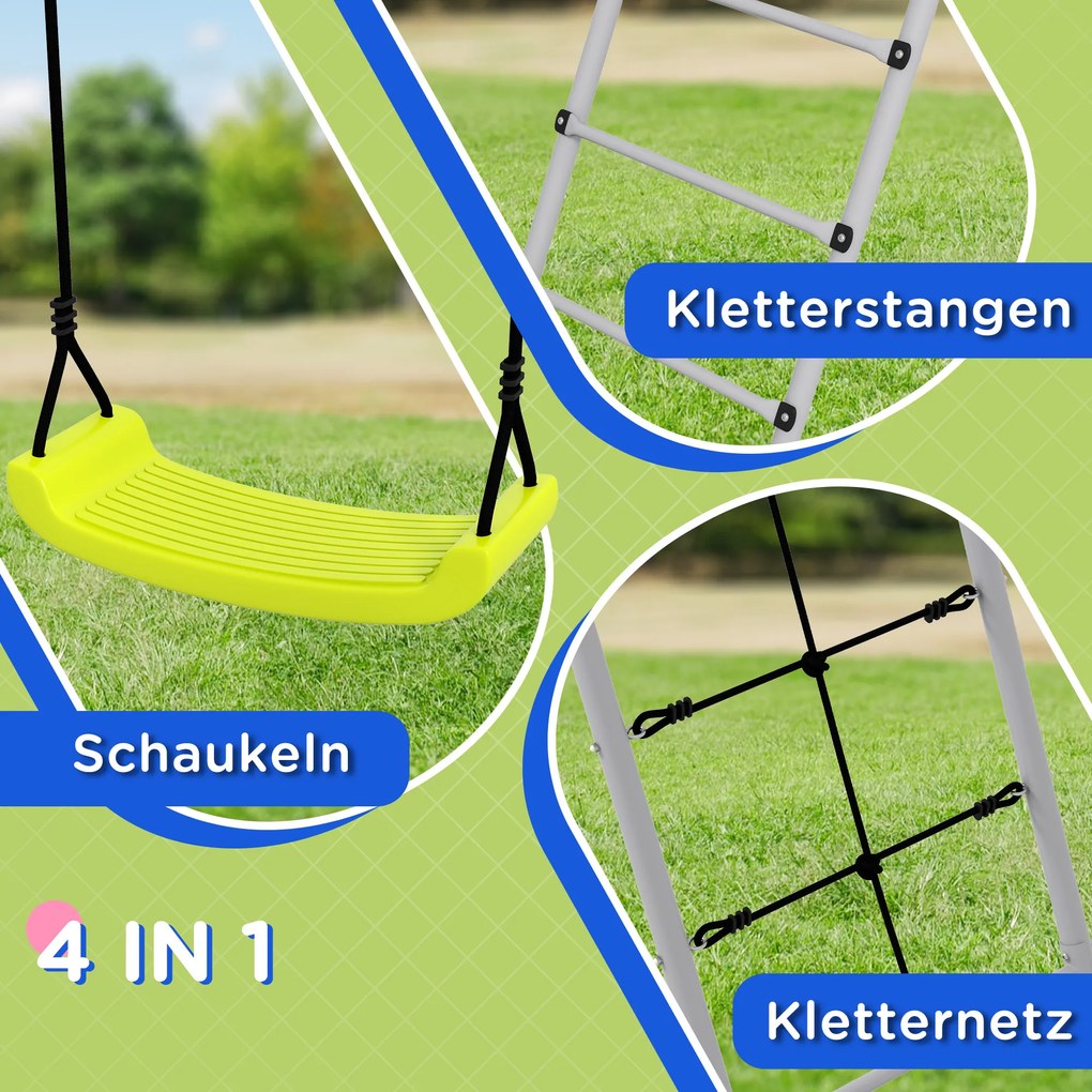 Outsunny Zestaw huśtawek dla dzieci z siatką do wspinaczki i drabinką, dla dzieci 3-8 lat, konstrukcja ze stali, Zielony