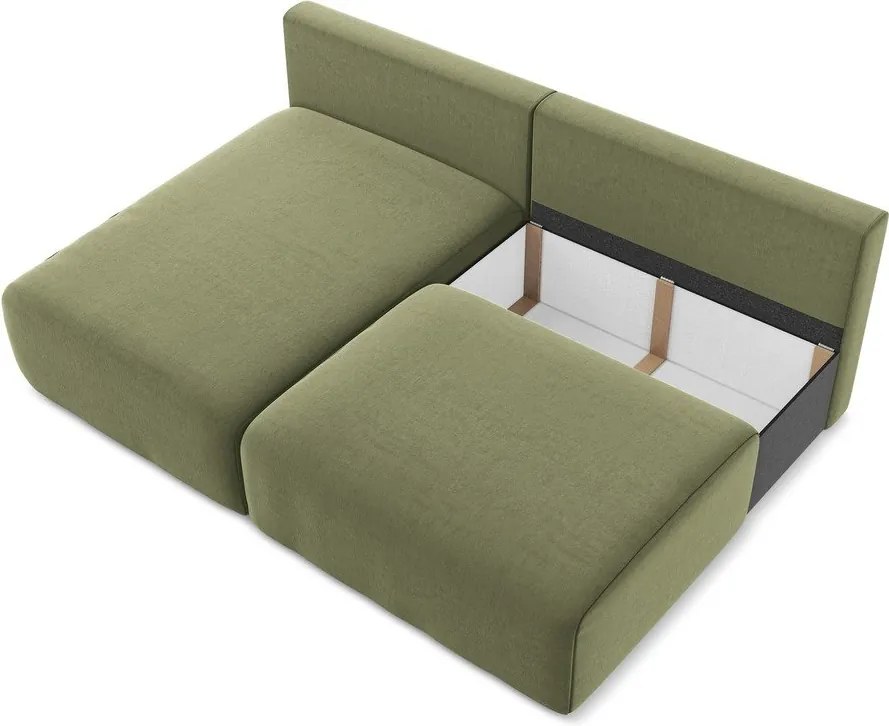 Zielony aksamitny rozkładany/ze schowkiem narożnik (lewostronny/z szezlongiem) Kalena – Makamii