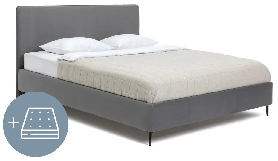 Szare tapicerowane łóżko dwuosobowe z materacem i stelażem 180x200 cm Noira Slim – Bonami Selection