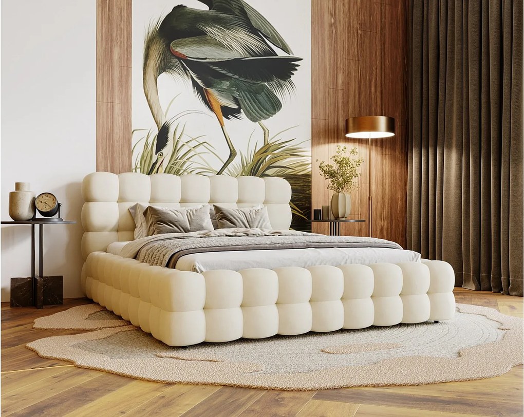 Emporius Parlas Bis łóżko 180x200 z pojemnikiem, łóżko tapicerowane do sypialni - gruba pianka, stelaż, tkanina aksamitna, wanilia (Amor Velvet 4323)