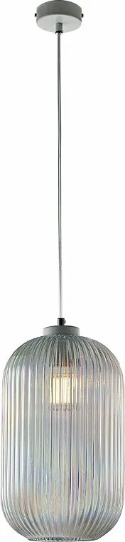Lampa wisząca Krizia z białego lakierowanego żelaza, regulowany kabel, przezroczysty klosz z dmuchanego szkła z paskami reliefowymi, 1 światło