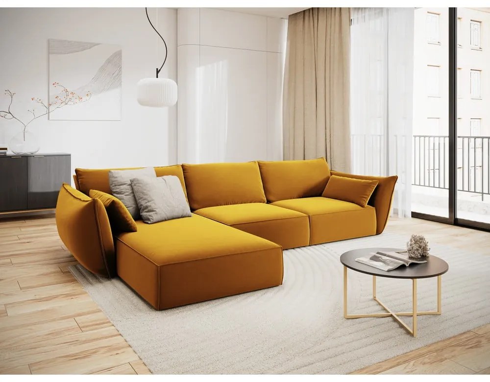 Musztardowy aksamitny narożnik (lewostronny/z szezlongiem) Vanda – Mazzini Sofas