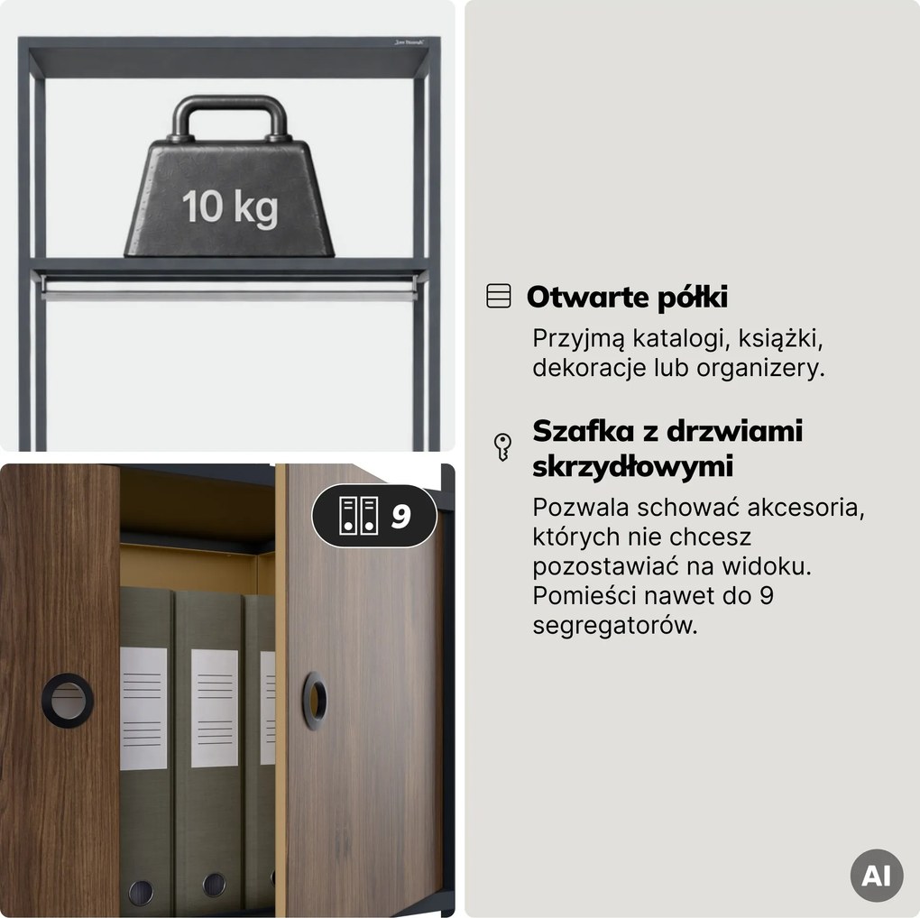Regał biurowy otwarty z drążkiem na ubrania, do recepcji i poczekalni, metalowy, antracytowy/orzech, 800x2200x400 mm: ARIEL Eco Design