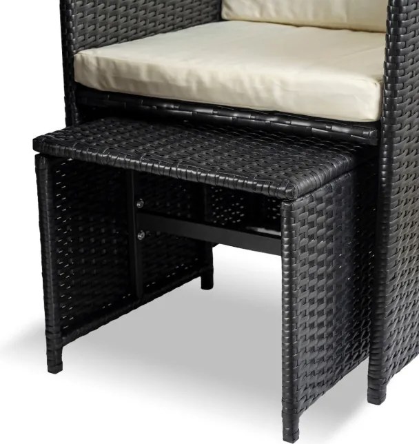 Zestaw Mebli Ogrodowych BONITO Czarny/Kremowy Fotele Pufy Stolik Technorattan Nowoczesny