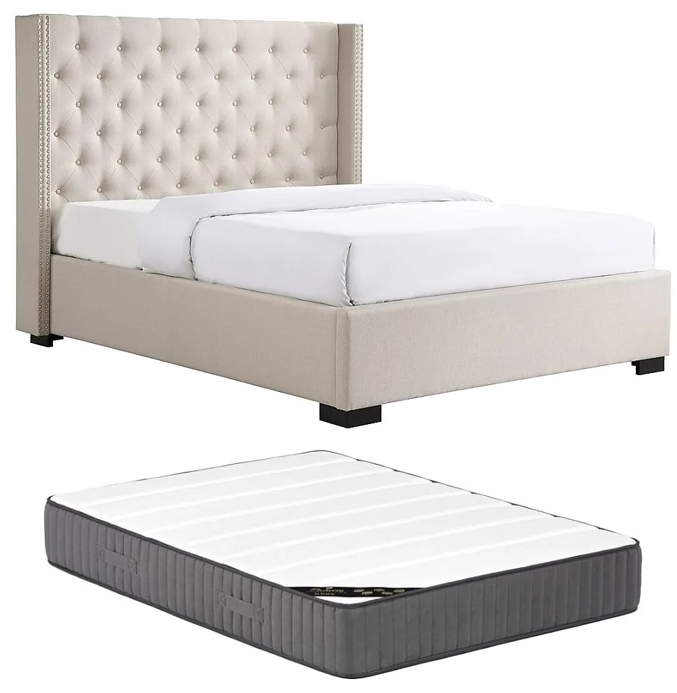 Łóżko 160 x 200 cm z pikowanym zagłówkiem - Tkanina - Beżowy + Materac - MASSIMO