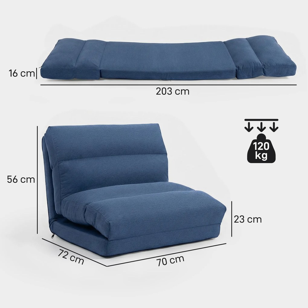 HOMCOM Sofa podłogowa, fotel przekształcany w łóżko, regulowany 90° do 180°, tkanina - 70 x 72 x 56 cm - ciemnoniebieski | Aosom PL