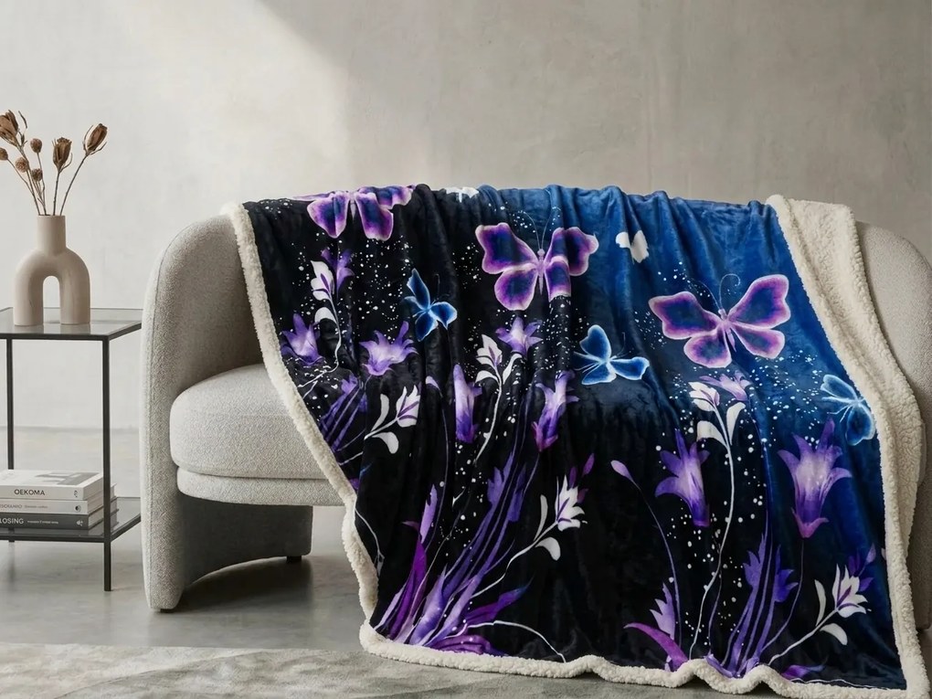 Koc z mikropluszu VIOLET BUTTERFLY ciemnoniebieski Rozmiar: 160 x 200 cm