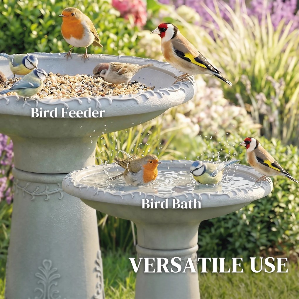 Outsunny Poidło dla ptaków z żywicy, zewnętrzne, okrągłe, 51 cm, imitacja kamienia, stojący karmnik, szare | Aosom PL