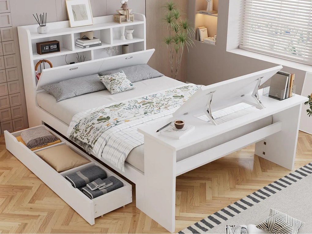Łóżko dziecięce 140 × 200 cm - z regulowanym składanym stolikiem - z przestrzenią do przechowywania i półkami - z szufladą - biały (bez materaca)